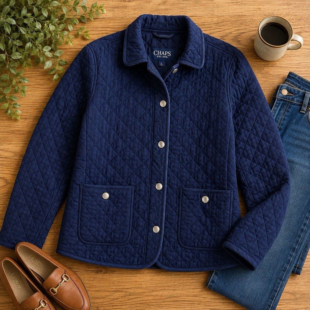 Chaps Navy Quilted Barn Jacket Large Preppy Cottagecore Fall Coat